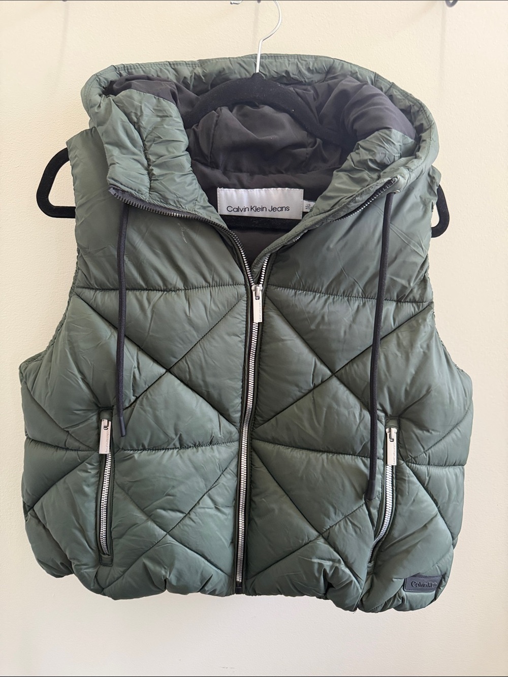 Calvin Klein Jeans Olive Green Quilted Hooded Puffer Vest